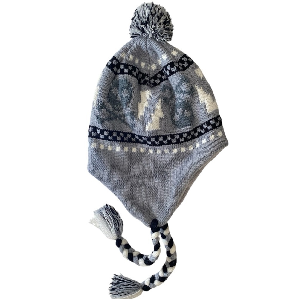 WINTER POMPOM HAT Fleece Lined Skull & Bone Grey White Black Braided Tassels